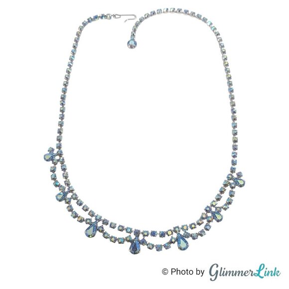 Vintage B David Scalloped Blue AB Rhinestone Mid Century Silver Tone Necklace - Picture 4 of 13